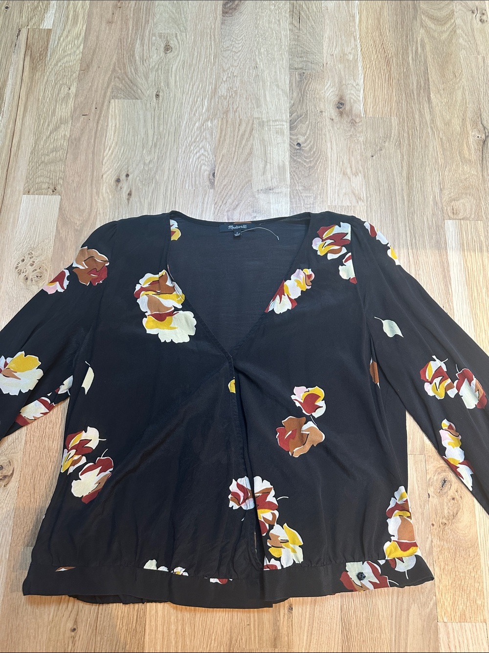 Madewell Black Floral V-Neck Blouse with Yellow, Rust & Cream Flowers